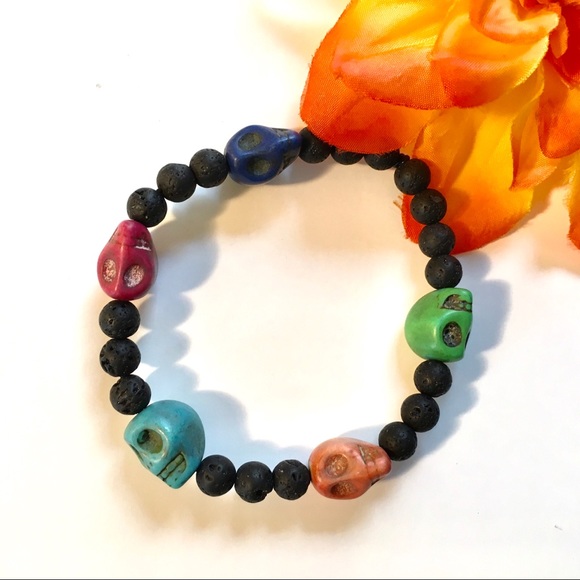 Day of the Dead/ Día de los muertos Lava stone bracelet 💜💀❤️🌼💀🧡 - Picture 2 of 4